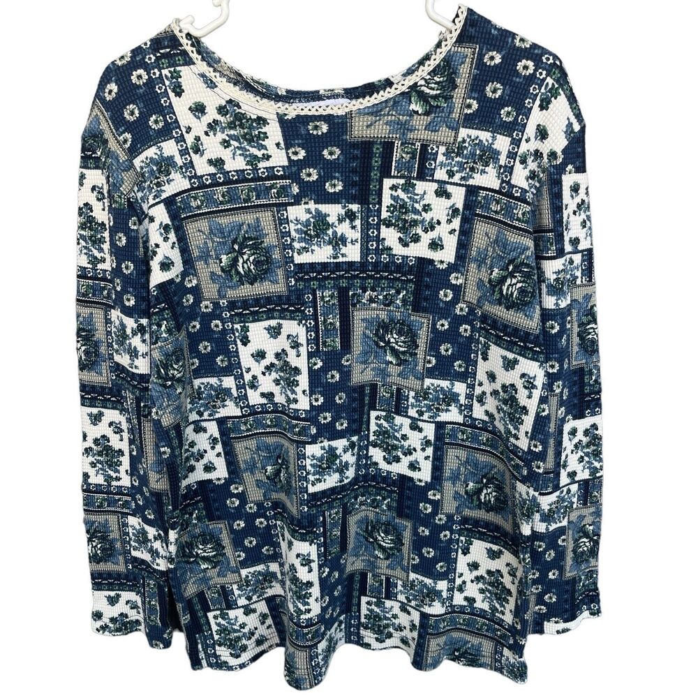 Vintage Confetti Thermal Shirt Womens‎ Medium Blue Patchwork Floral Cottagecore